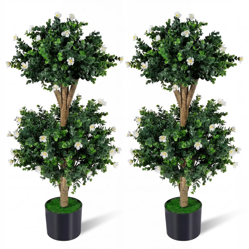 2 Pack 36" Artificial Double Ball Boxwood Topiary Tree with 41 Blossoms by DirectDeals