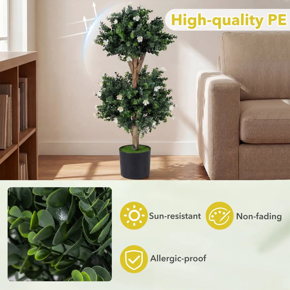 2 Pack 36" Artificial Double Ball Boxwood Topiary Tree with 41 Blossoms, photo 6 of 16