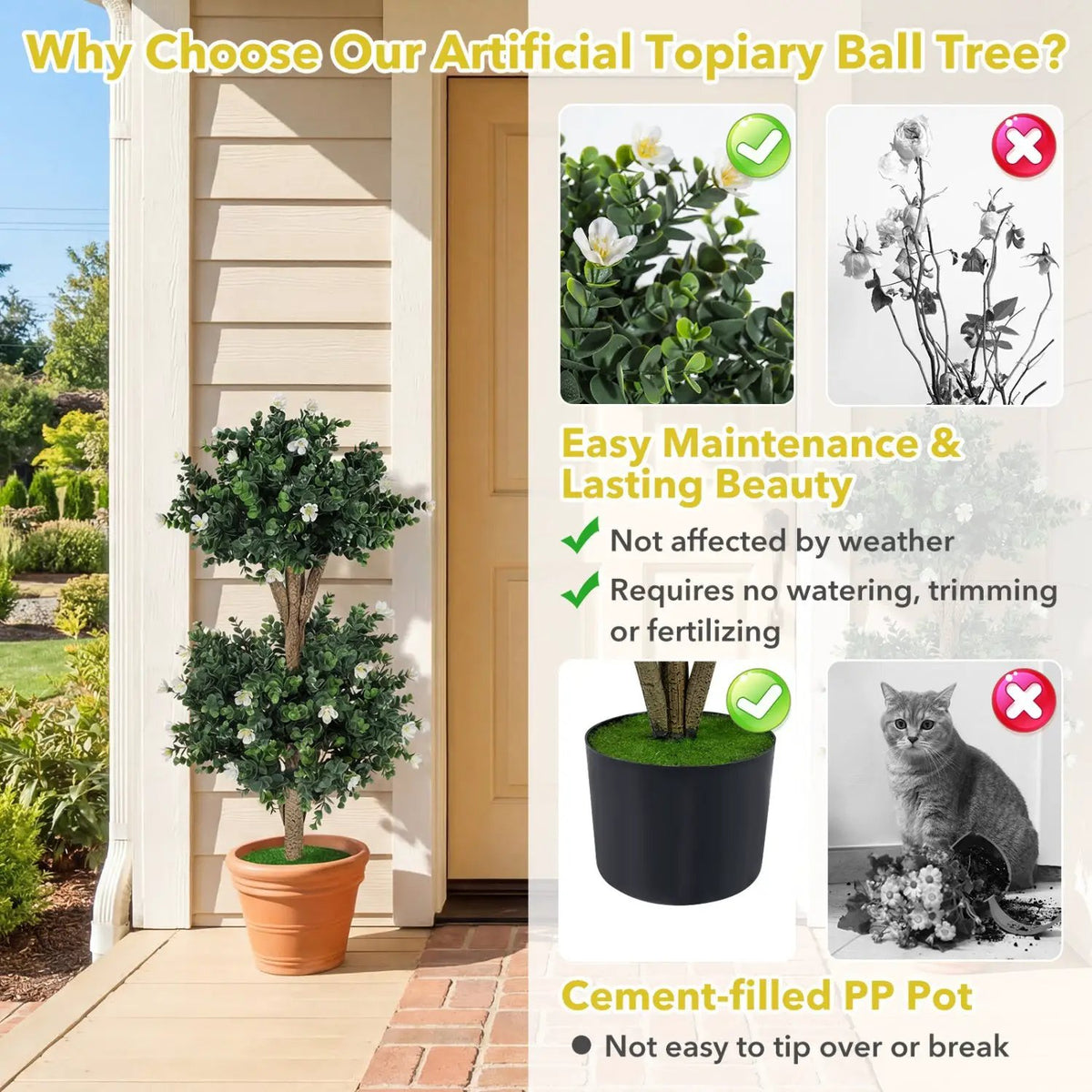 2 Pack 36" Artificial Double Ball Boxwood Topiary Tree with 41 Blossoms, photo 7 of 16