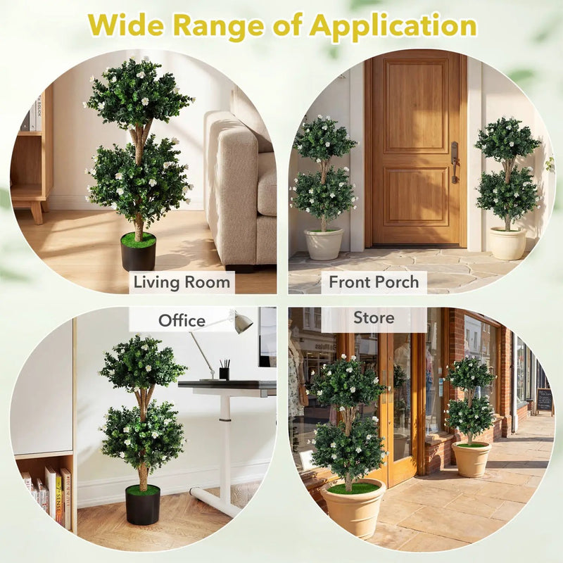 2 Pack 36" Artificial Double Ball Boxwood Topiary Tree with 41 Blossoms by DirectDeals