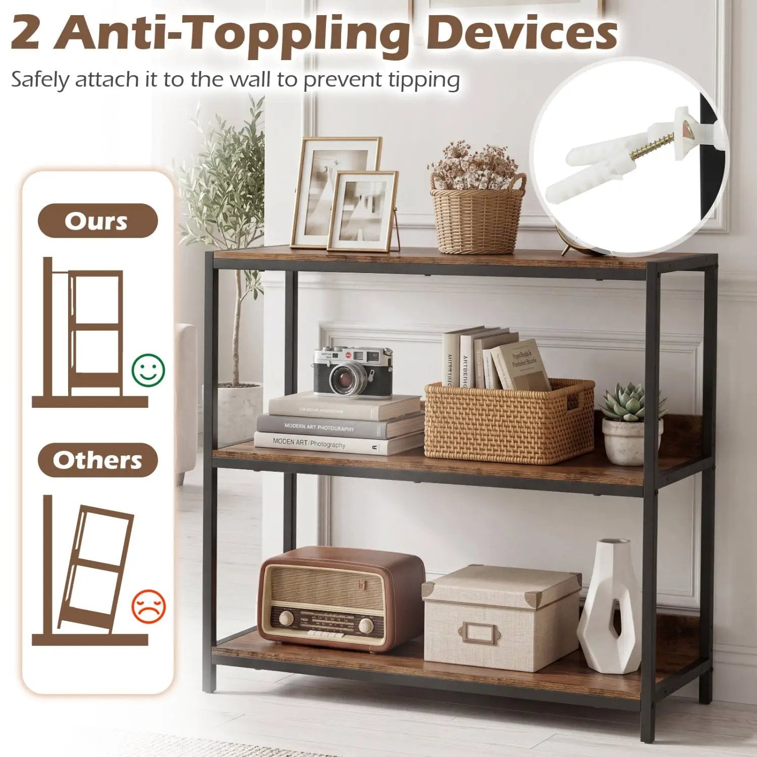 2-Pack 3-Tier Industrial Bookshelf with Metal Frame by DirectDeals