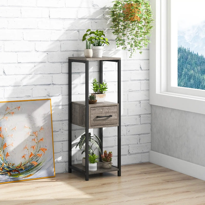 2 Pack 3 Tier Tall Metal Plant Stand with Drawer and Display Shelf-Gray by DirectDeals