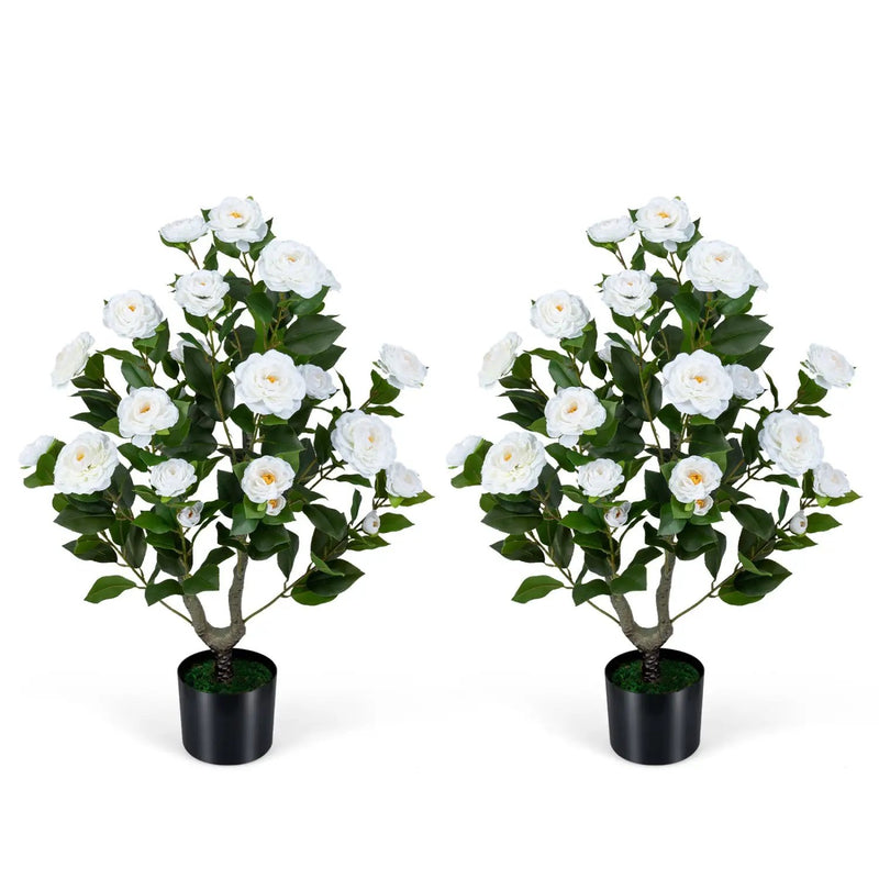 2-Pack Artificial Camellia Tree Faux Flower Plant in Cement-Filled Pot by DirectDeals