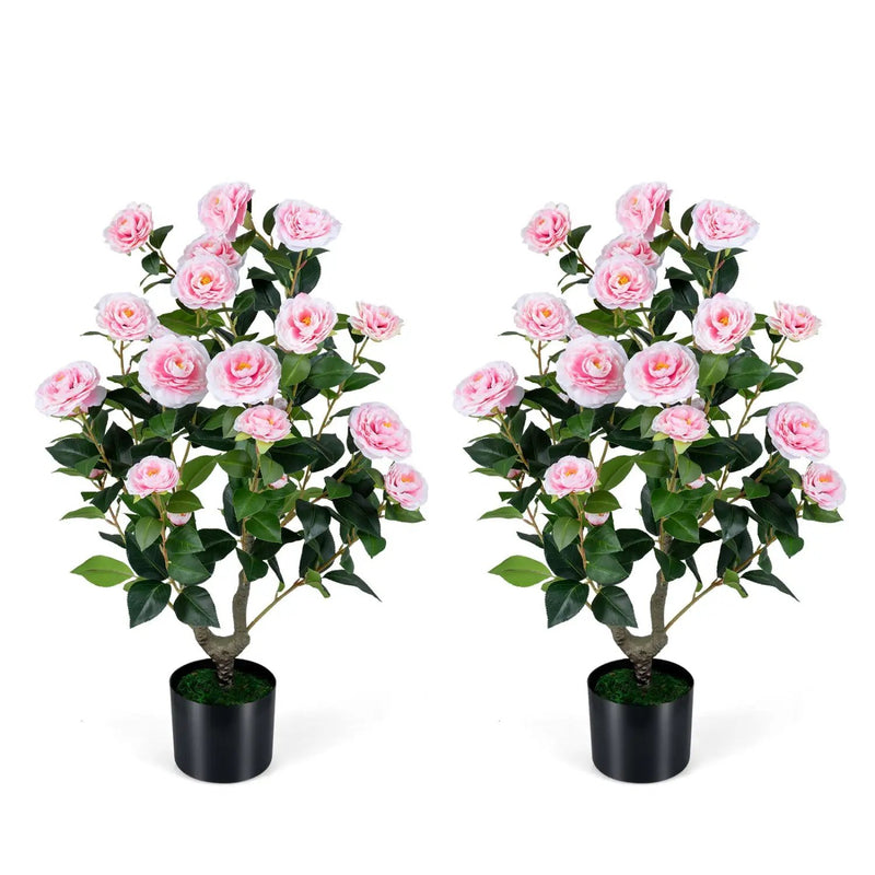 2-Pack Artificial Camellia Tree Faux Flower Plant in Cement-Filled Pot by DirectDeals