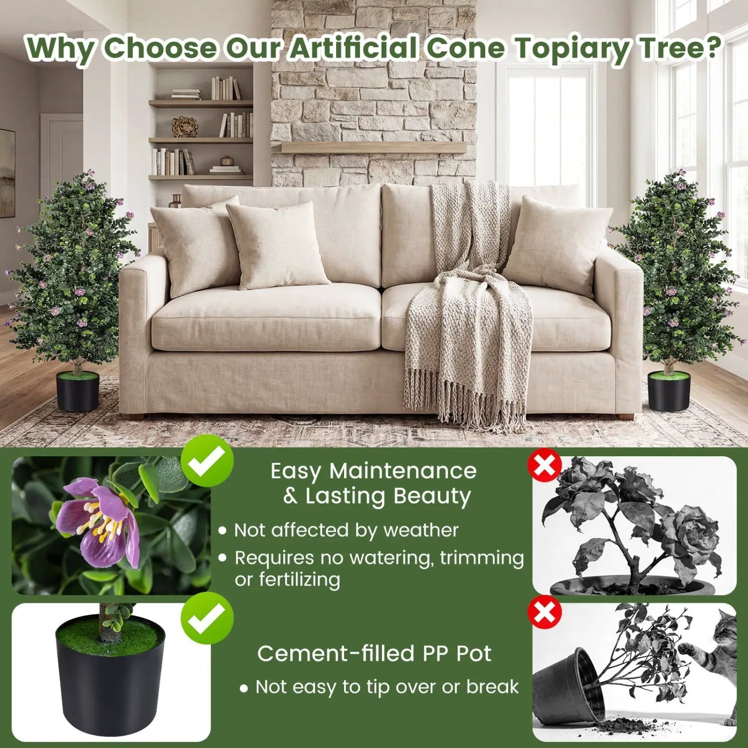 2 Pack Artificial Topiary Cone Tree Faux Potted Shrub Plant with 49 Flowers by DirectDeals