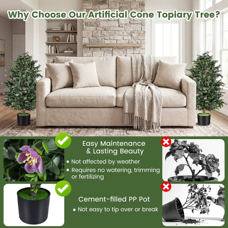 2 Pack Artificial Topiary Cone Tree Faux Potted Shrub Plant with 49 Flowers by DirectDeals