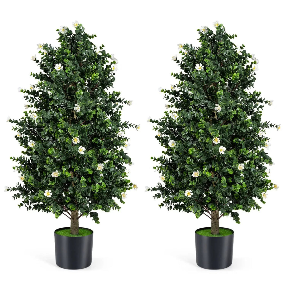 2 Pack Artificial Topiary Cone Tree Faux Potted Shrub Plant with 49 Flowers, photo 4 of 16