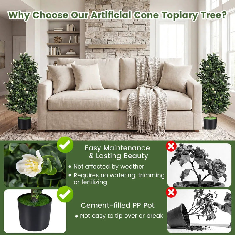 2 Pack Artificial Topiary Cone Tree Faux Potted Shrub Plant with 49 Flowers by DirectDeals