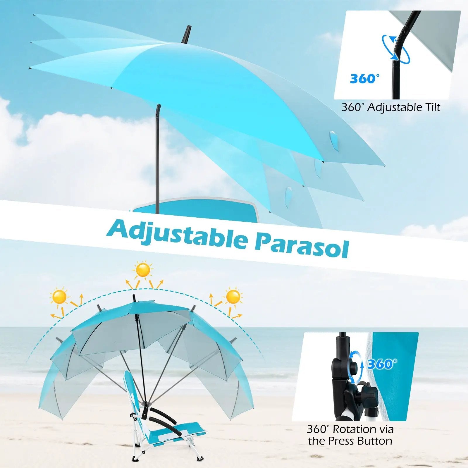 2 Pack Beach Umbrella Chair for Adults with Adjustable Parasol by DirectDeals