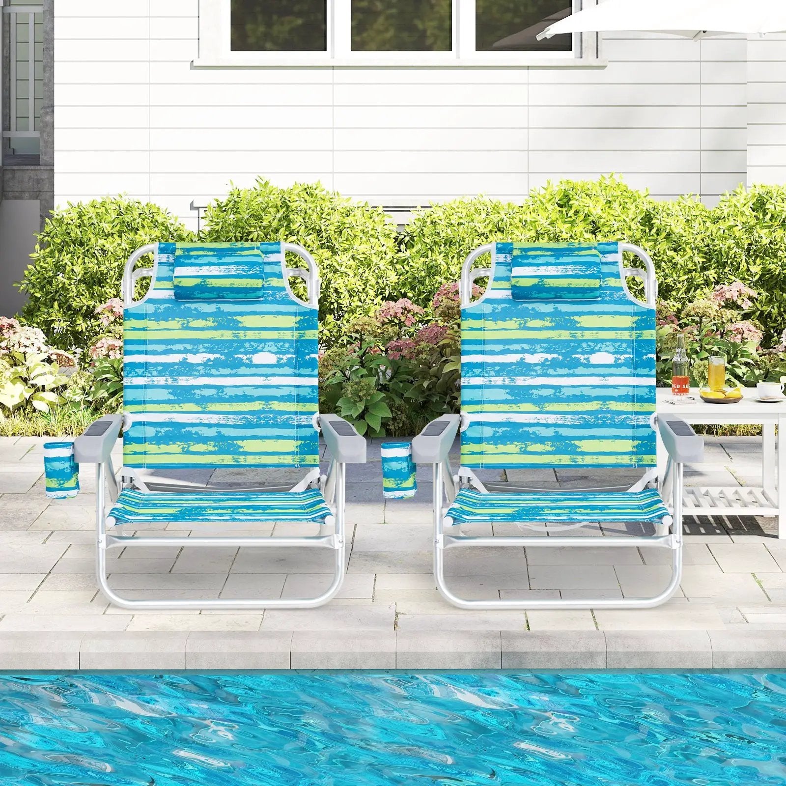 2 Pack Folding Beach Chair with Adjustable Positions and Head Pillow by DirectDeals