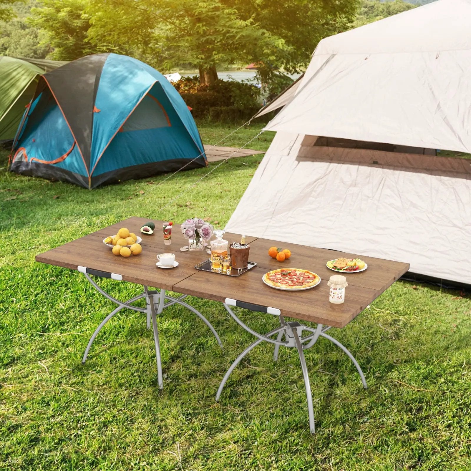 2 Pack Folding Camping Table with Wood-grain Tabletop for Hiking Party-Natural by DirectDeals