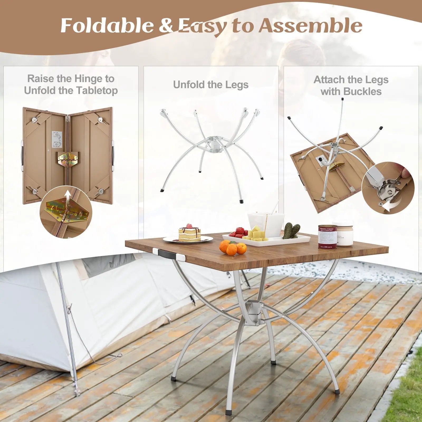 2 Pack Folding Camping Table with Wood-grain Tabletop for Hiking Party-Natural by DirectDeals