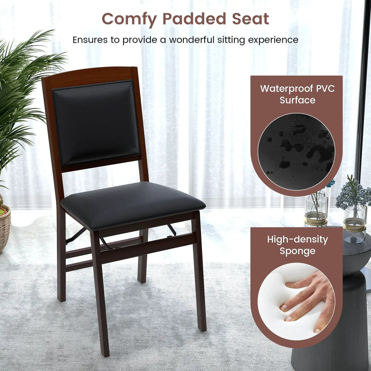 Set of 2 Folding Dining Chairs with Padded Seat and High Backrest-Brown, photo 5 of 10