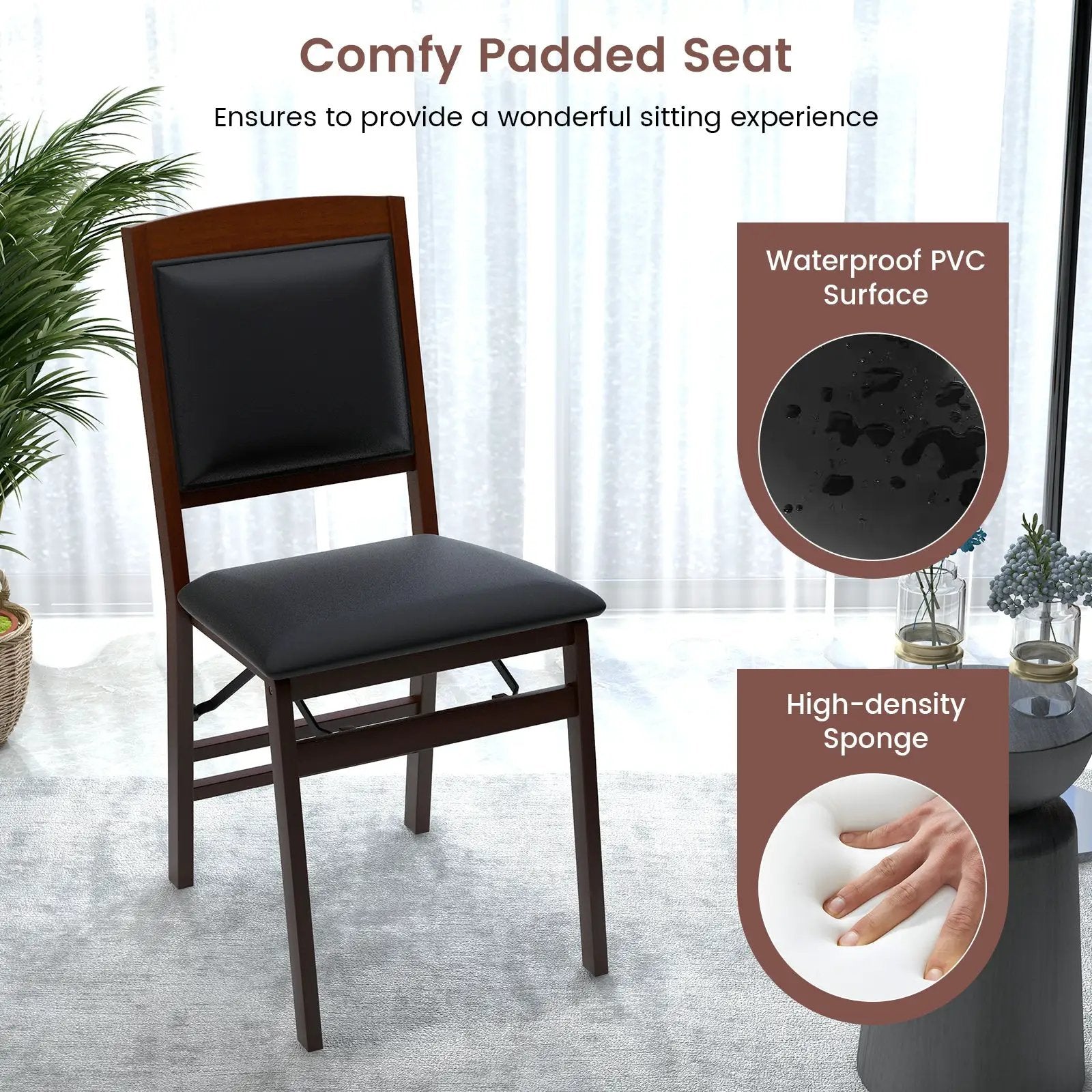 Set of 2 Folding Dining Chairs with Padded Seat and High Backrest-Brown by DirectDeals