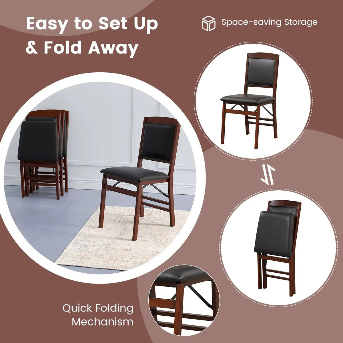 Set of 2 Folding Dining Chairs with Padded Seat and High Backrest-Brown, photo 7 of 10