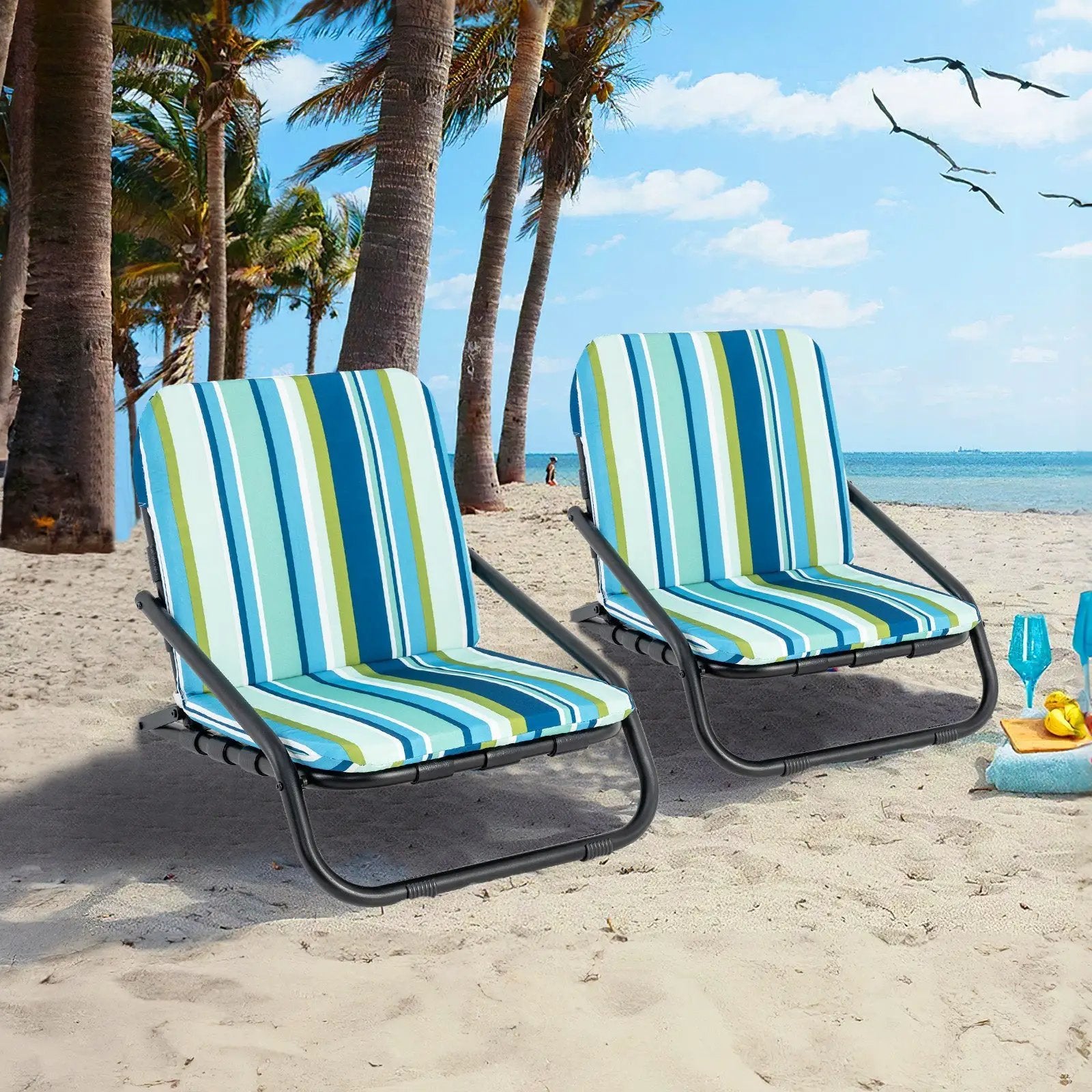 2 Pack Low Folding Beach Chairs for Adults with Cushion-Blue by DirectDeals