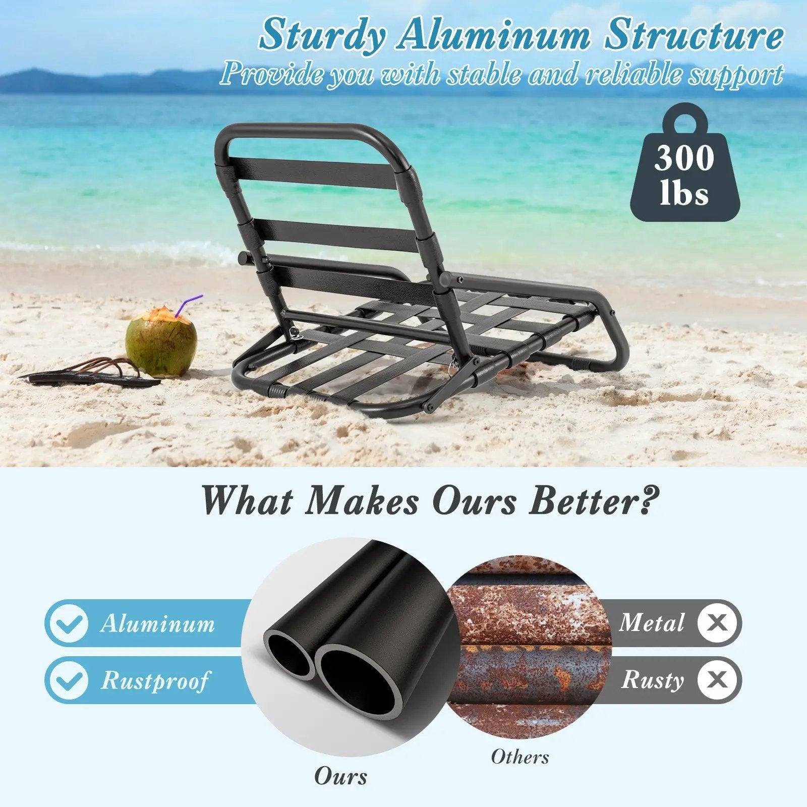 2 Pack Low Folding Beach Chairs for Adults with Cushion-Blue by DirectDeals