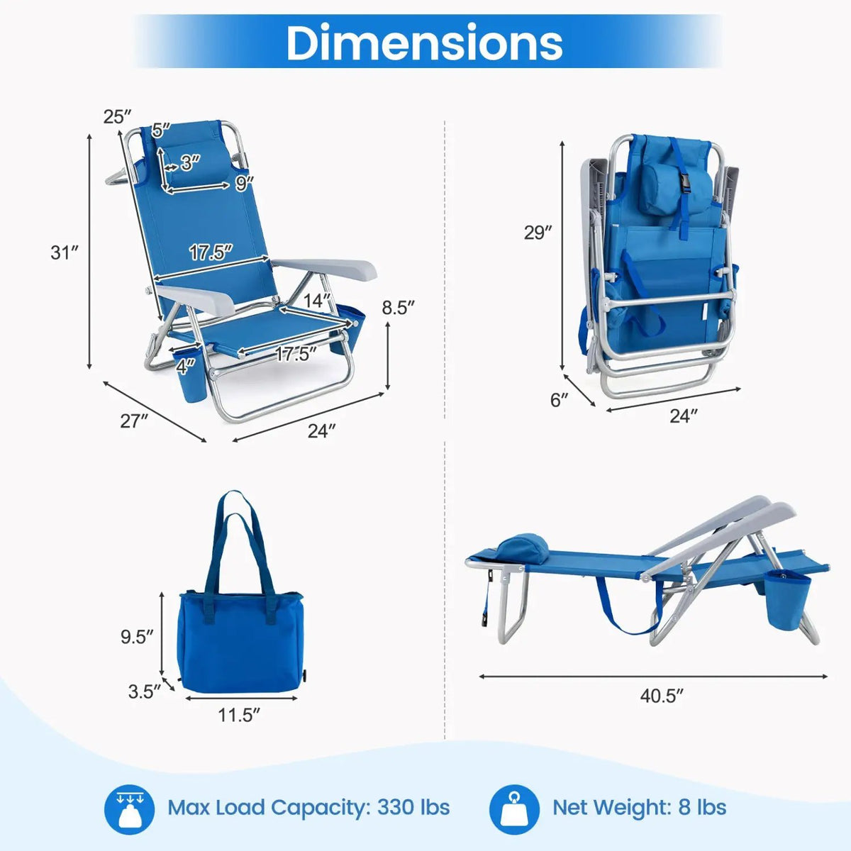 Folding Beach Chair with 7-Position Backrest & Cooler Bag, photo 6 of 18