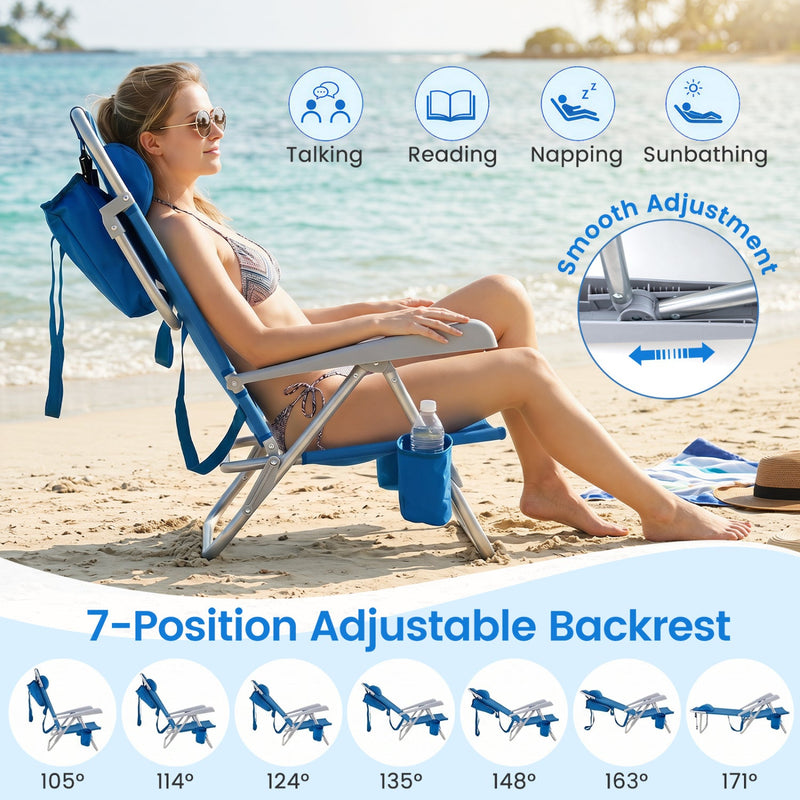 Folding Beach Chair with 7-Position Backrest & Cooler Bag by DirectDeals