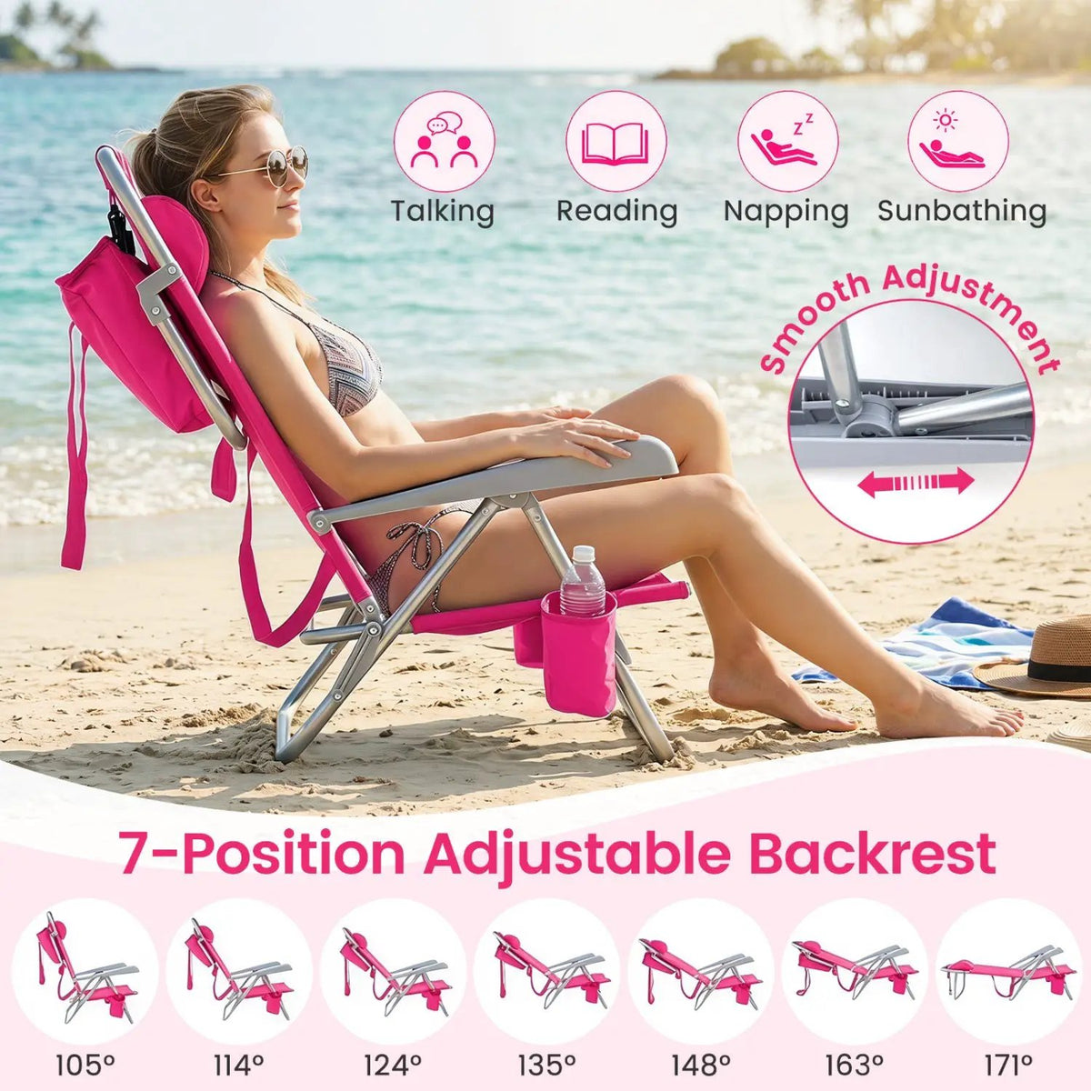 Folding Beach Chair with 7-Position Backrest & Cooler Bag, photo 15 of 18