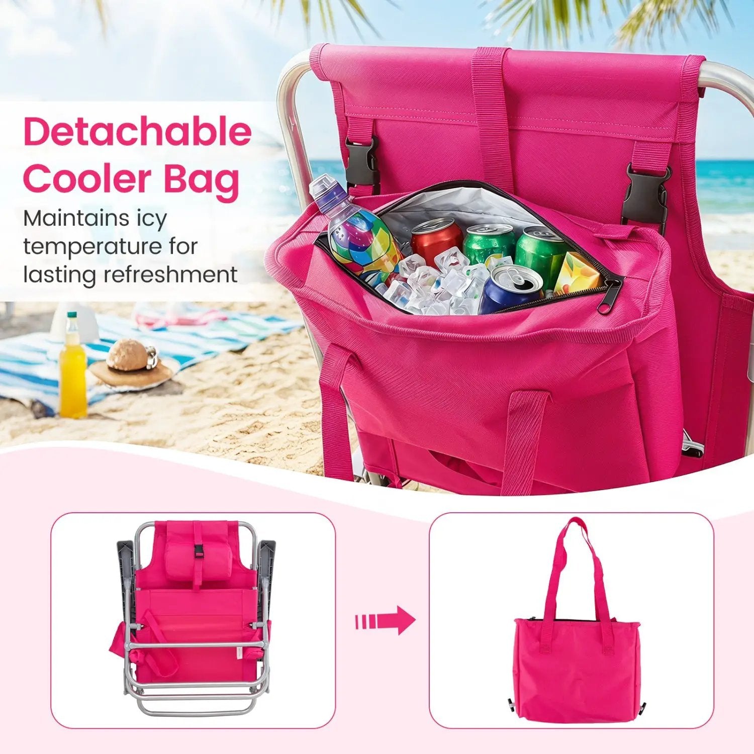 Folding Beach Chair with 7-Position Backrest & Cooler Bag by DirectDeals