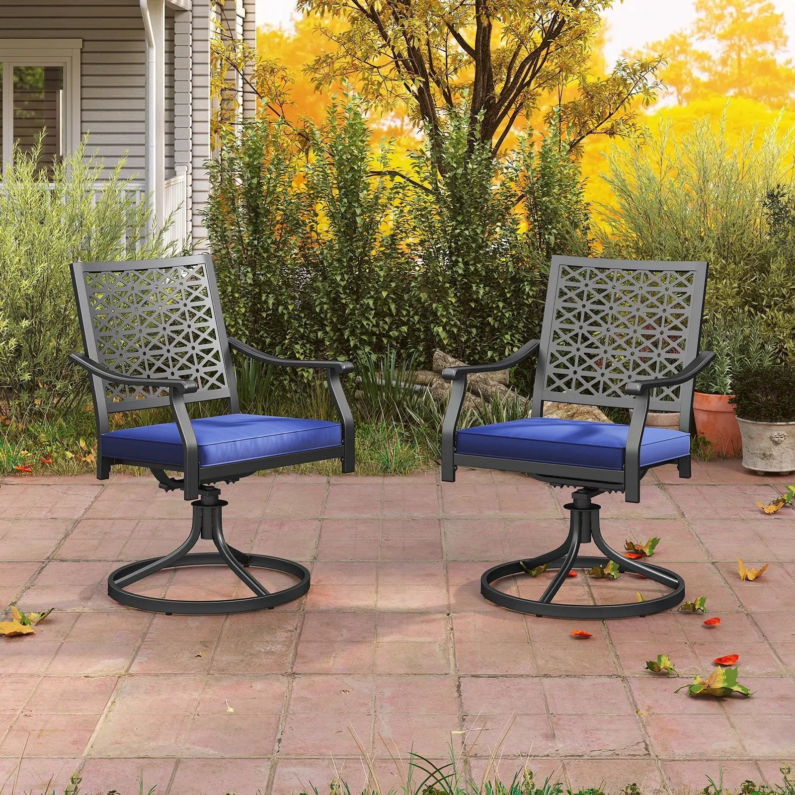 2 Pack Swivel Outdoor Chairs with Soft Cushions and Round Steel Base-Navy by DirectDeals