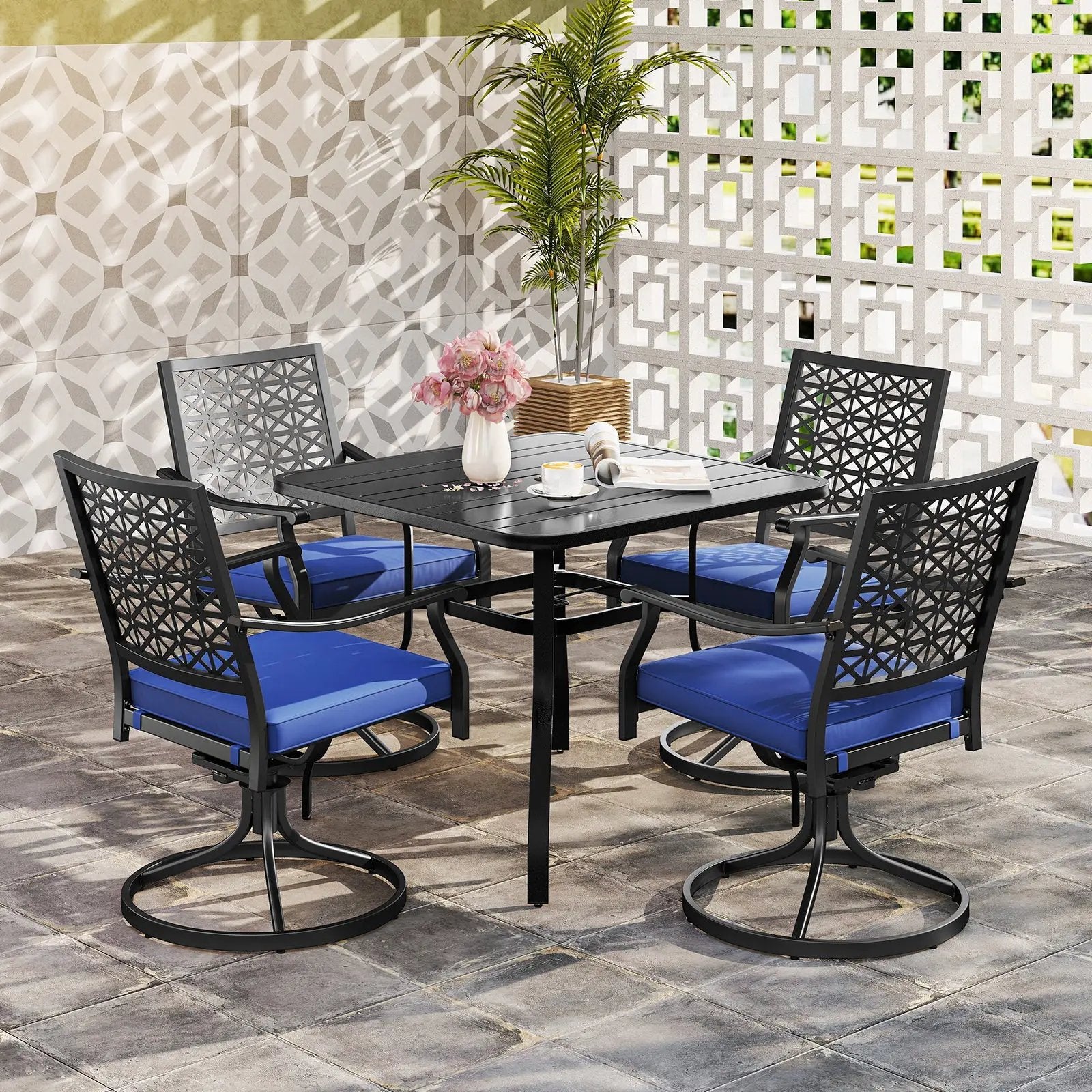 2 Pack Swivel Outdoor Chairs with Soft Cushions and Round Steel Base-Navy by DirectDeals