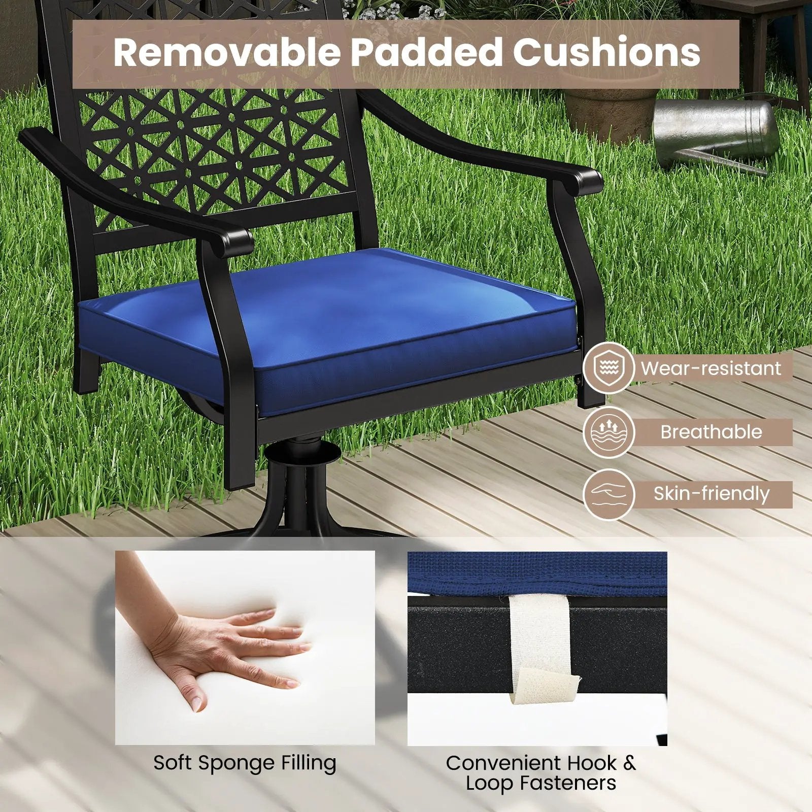 2 Pack Swivel Outdoor Chairs with Soft Cushions and Round Steel Base-Navy by DirectDeals