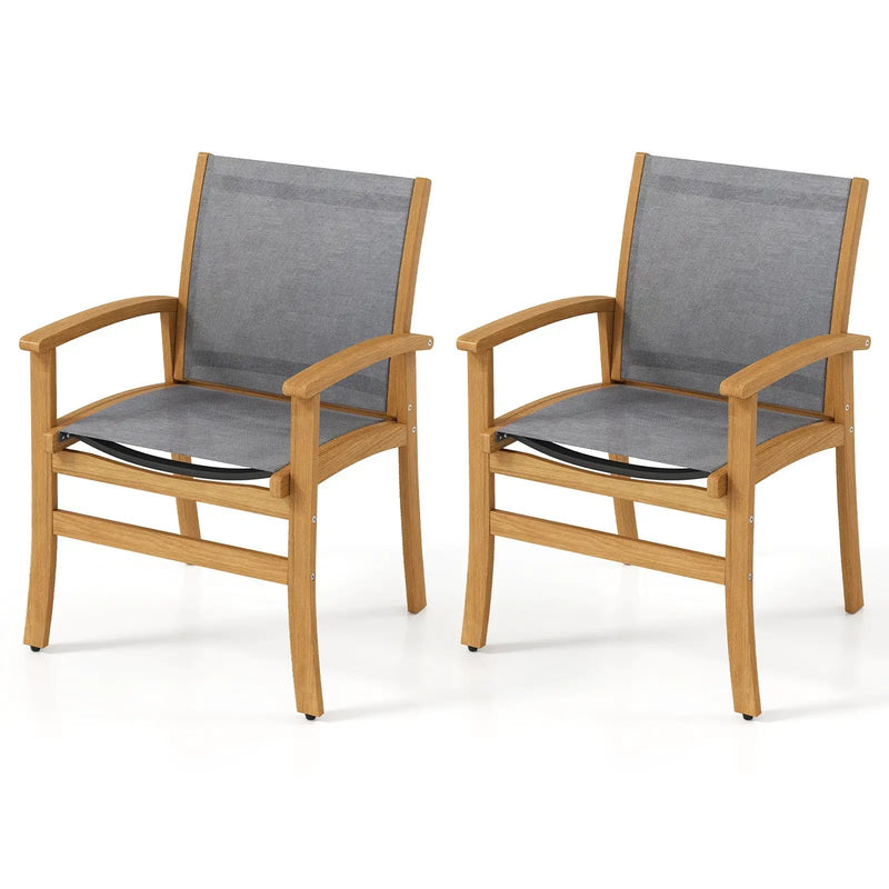 Patio Chairs Set of 2 Acacia Wood Armchairs with Breathable Fabric Back and Seat by DirectDeals