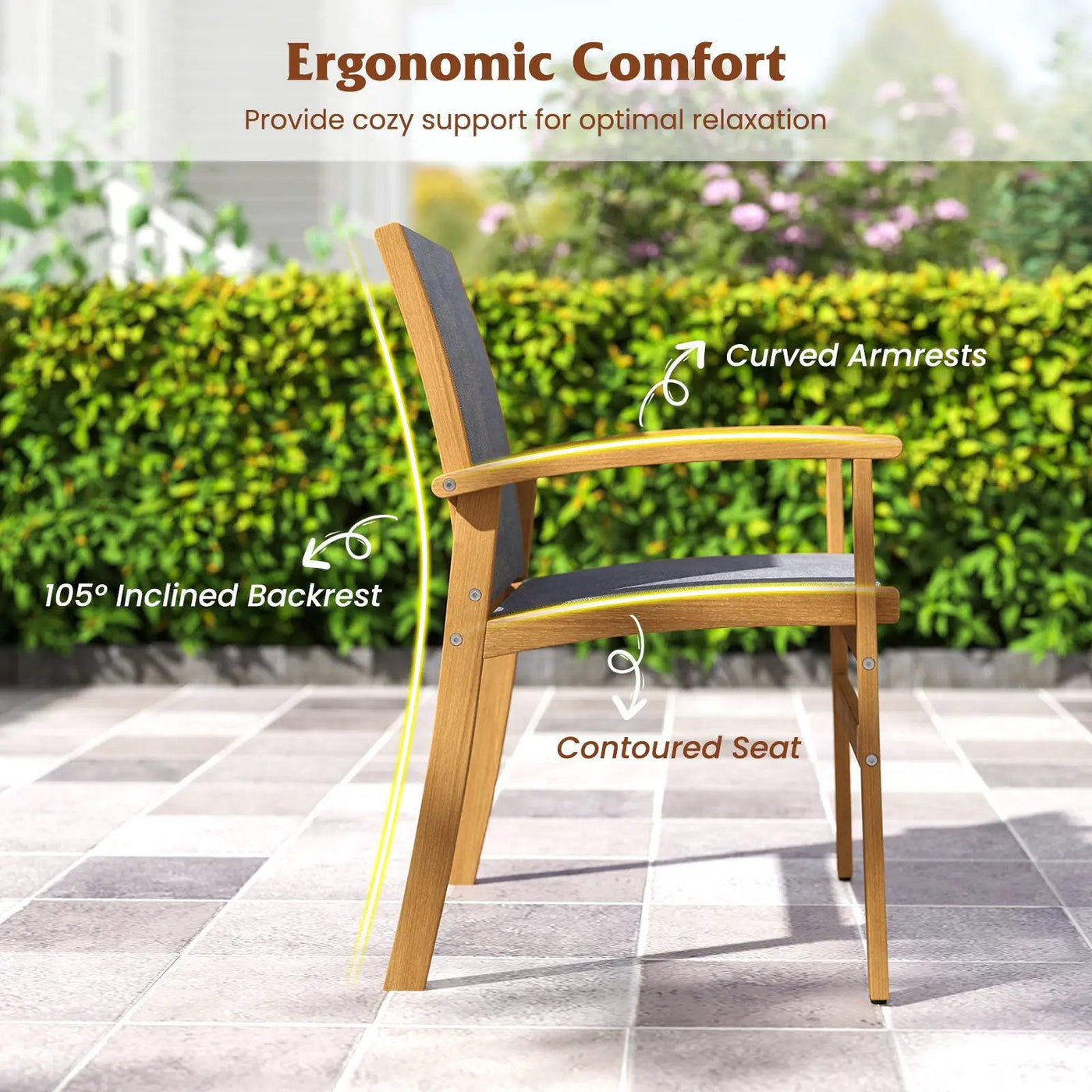 Patio Chairs Set of 2 Acacia Wood Armchairs with Breathable Fabric Back and Seat by DirectDeals
