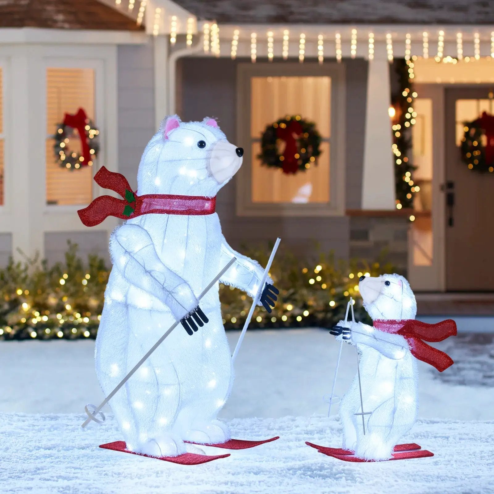 2 PCS Animated Skiing Polar Bears Pre-lit Christmas Bear Decoration with Skiing Motion by DirectDeals