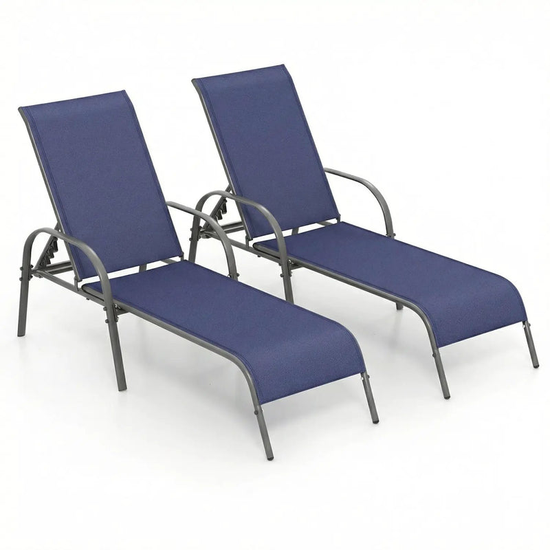 2 Pcs Outdoor Patio Lounge Chair Chaise Fabric with Adjustable Reclining Armrest-Brown by DirectDeals