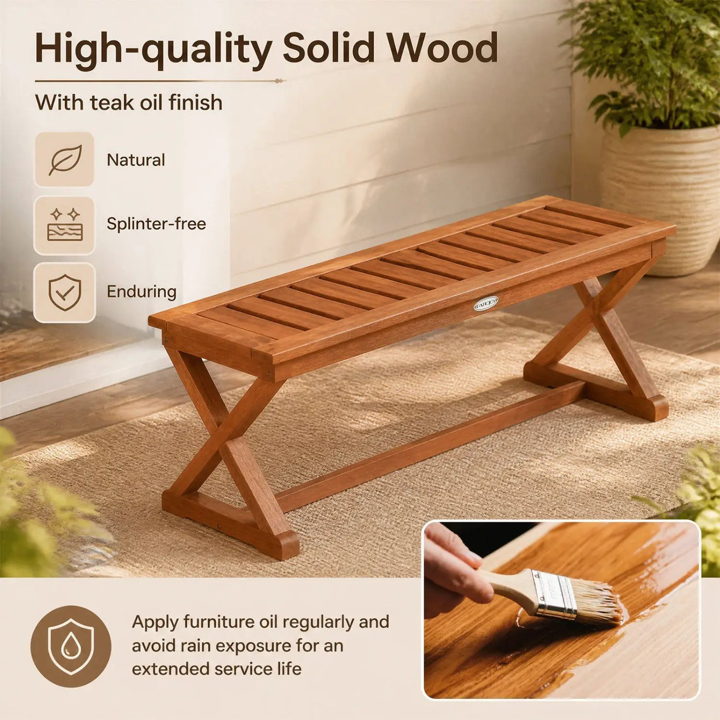 2-Person 44" Solid Wood Outdoor Bench with Slatted Seat for Patio Park Balcony by DirectDeals
