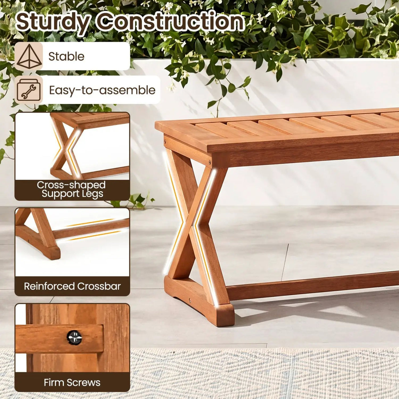 2-Person 44" Solid Wood Outdoor Bench with Slatted Seat for Patio Park Balcony by DirectDeals