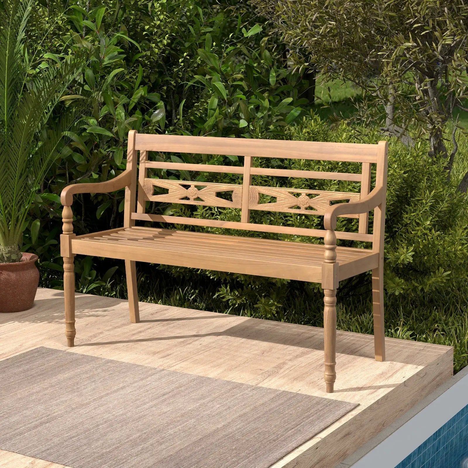 2-Person Teak Wood Patio Bench with Wide Backrest and Curved Armrests by DirectDeals
