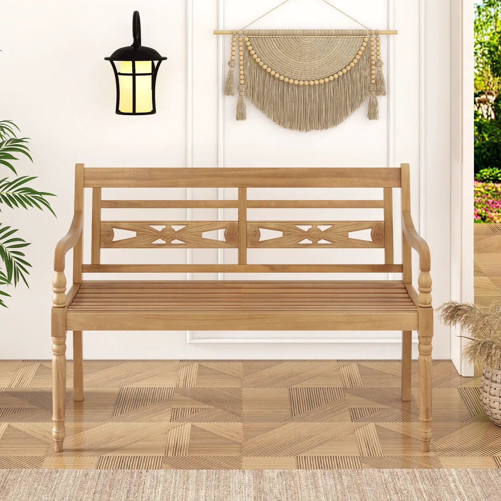 2-Person Teak Wood Patio Bench with Wide Backrest and Curved Armrests by DirectDeals