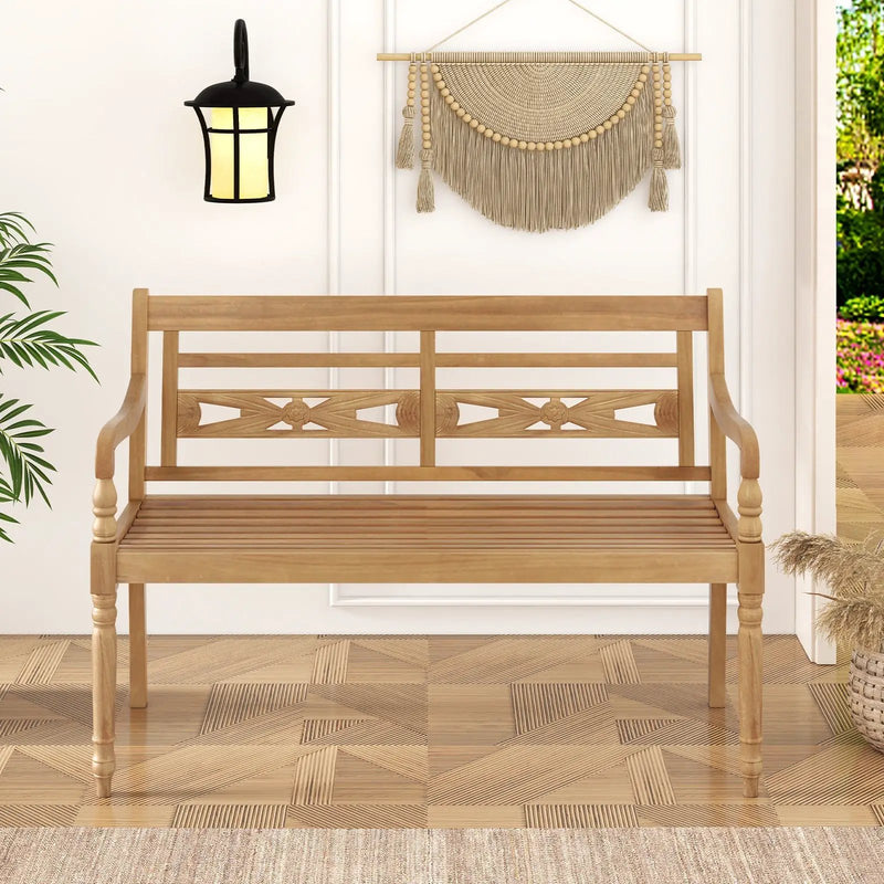 2-Person Teak Wood Patio Bench with Wide Backrest and Curved Armrests by DirectDeals