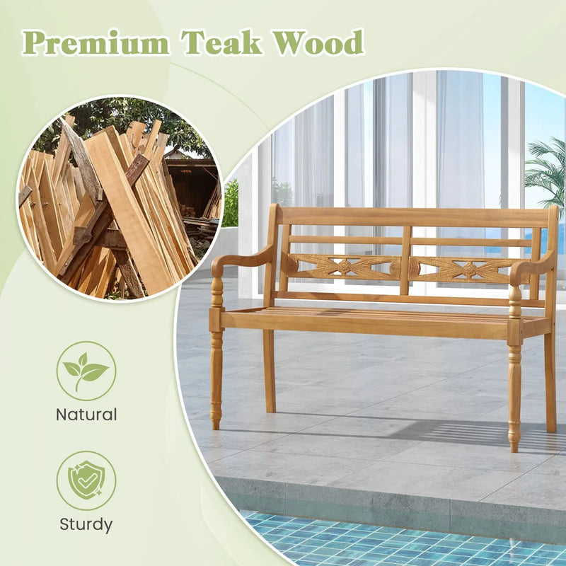 2-Person Teak Wood Patio Bench with Wide Backrest and Curved Armrests by DirectDeals