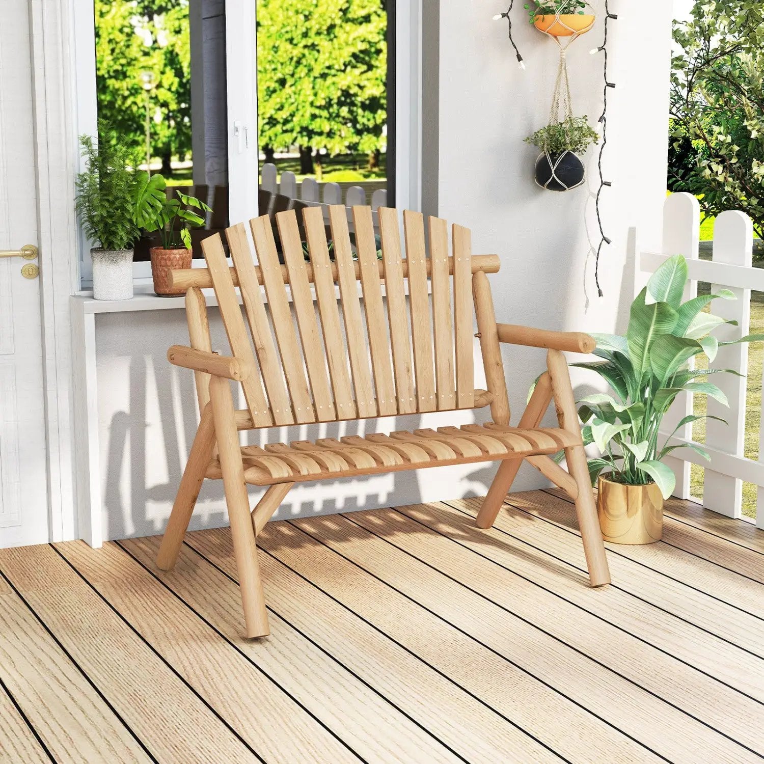 2-Person Log Wood Patio Bench with Slatted Backrest by DirectDeals