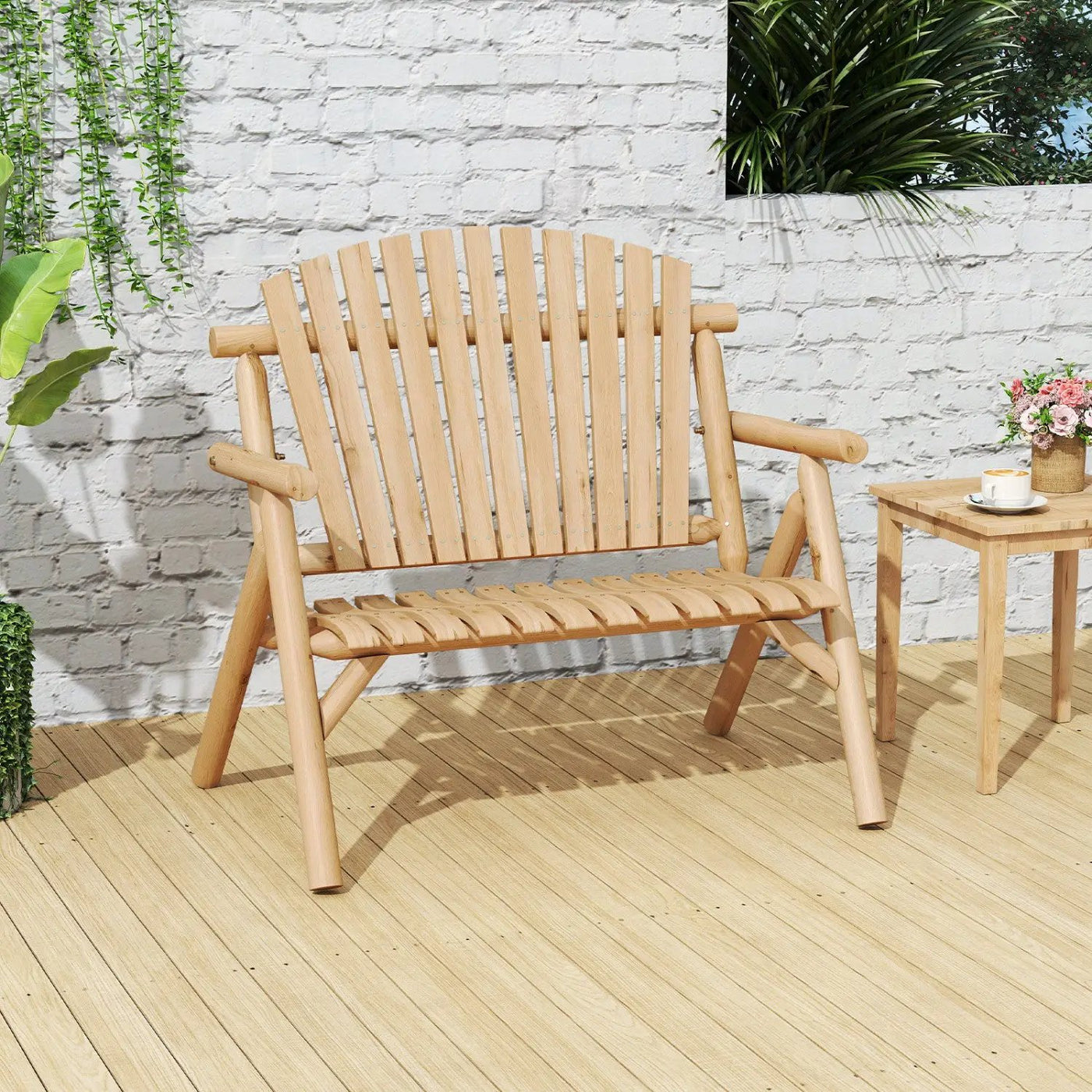 2-Person Log Wood Patio Bench with Slatted Backrest by DirectDeals