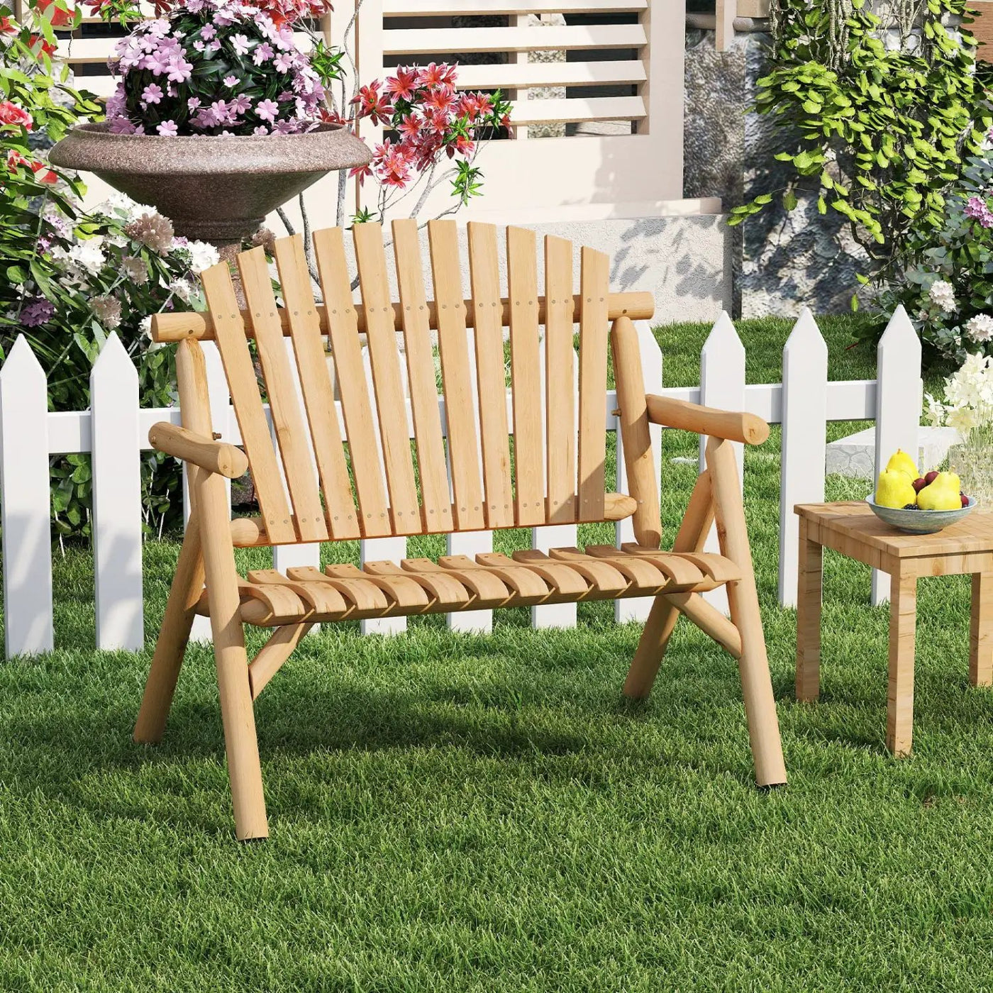 2-Person Log Wood Patio Bench with Slatted Backrest by DirectDeals