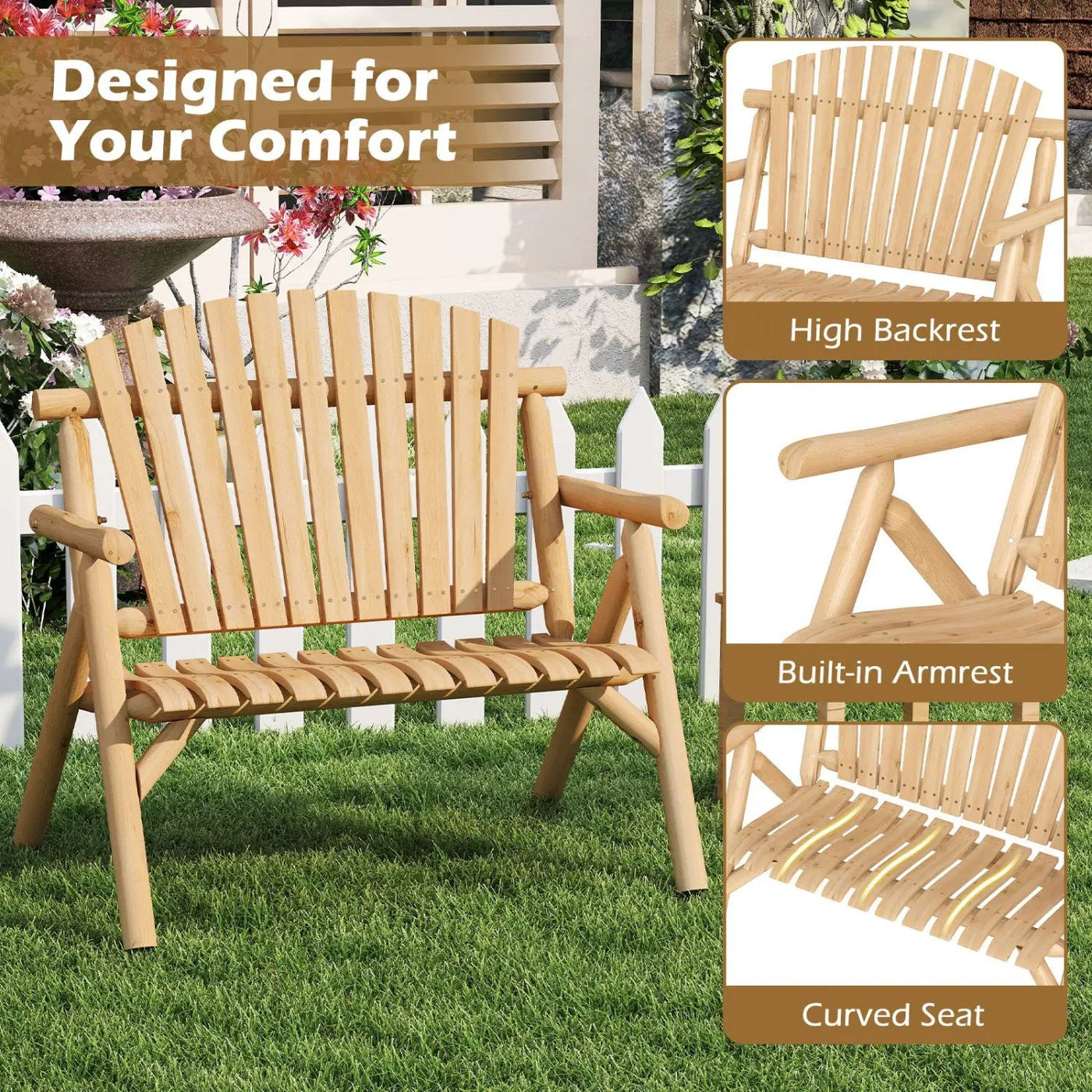2-Person Log Wood Patio Bench with Slatted Backrest by DirectDeals