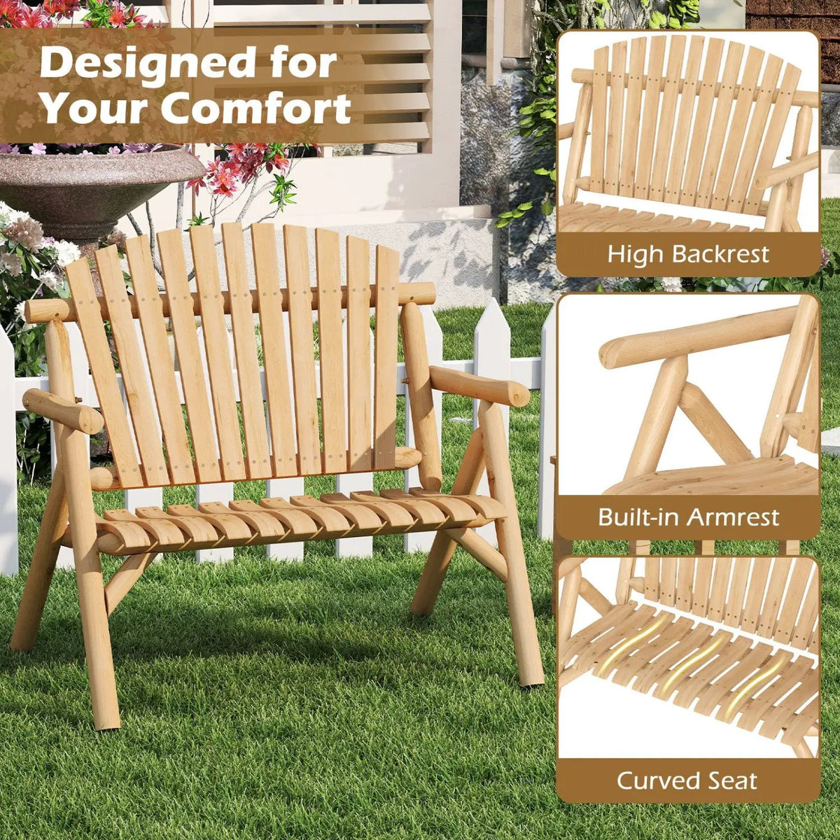 2-Person Log Wood Patio Bench with Slatted Backrest by DirectDeals