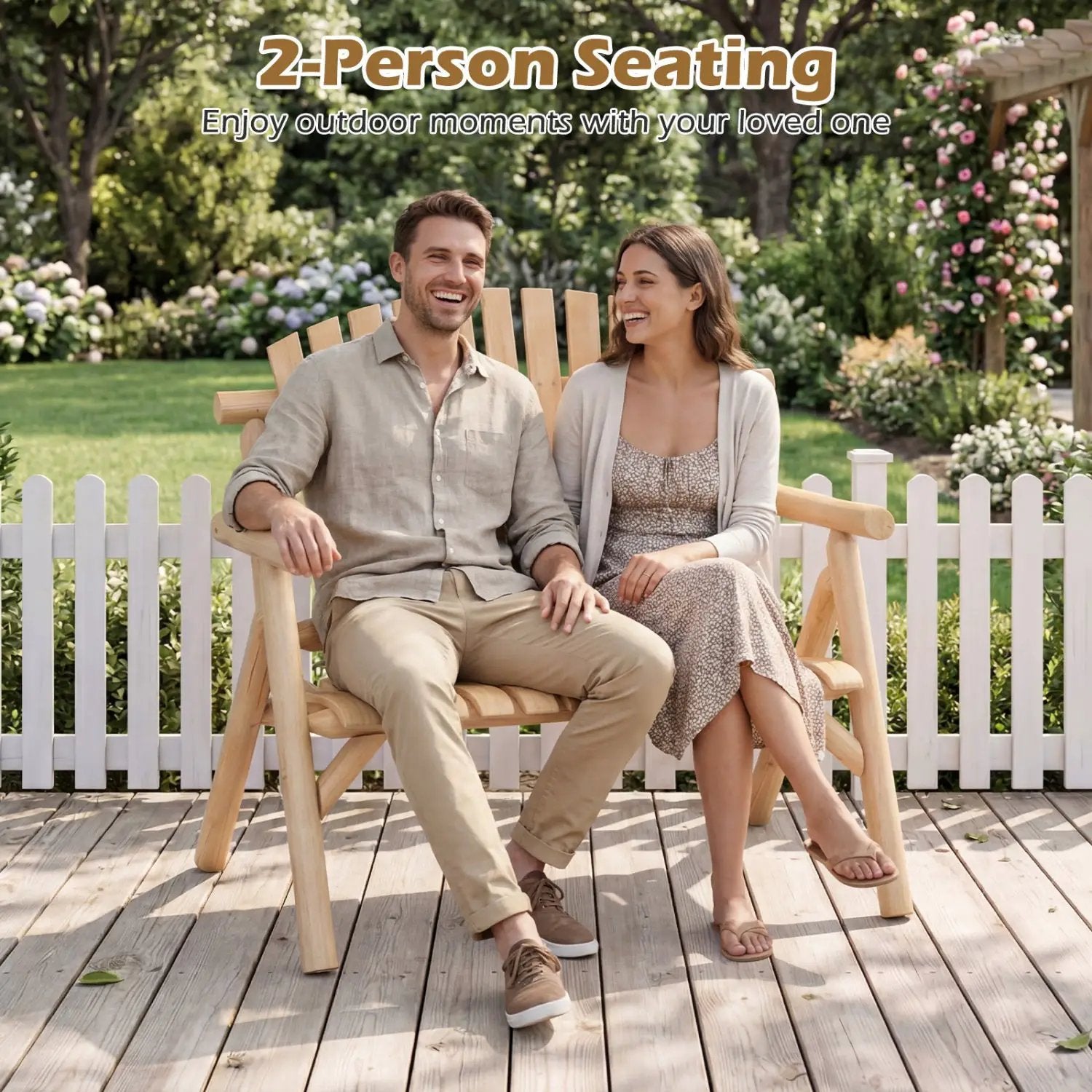 2-Person Log Wood Patio Bench with Slatted Backrest by DirectDeals