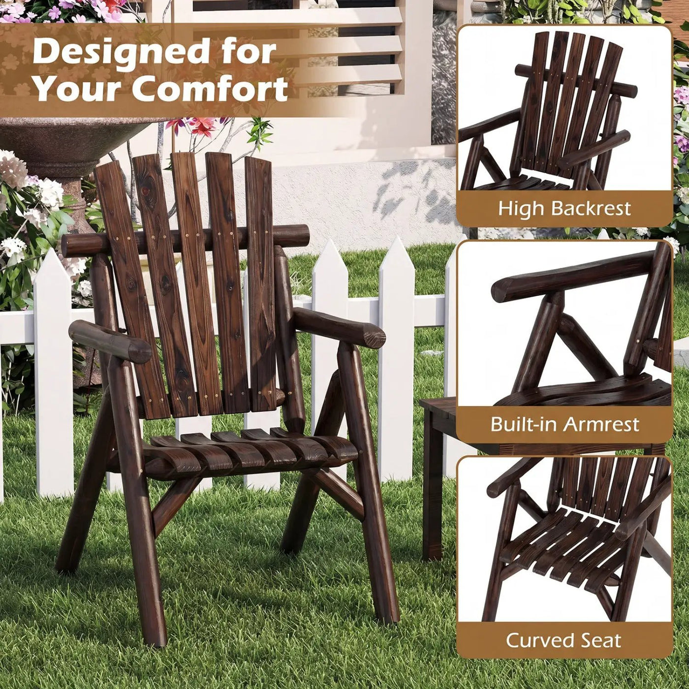 Solid Wood Patio Chair with Curved Seat and Slatted Backrest by DirectDeals