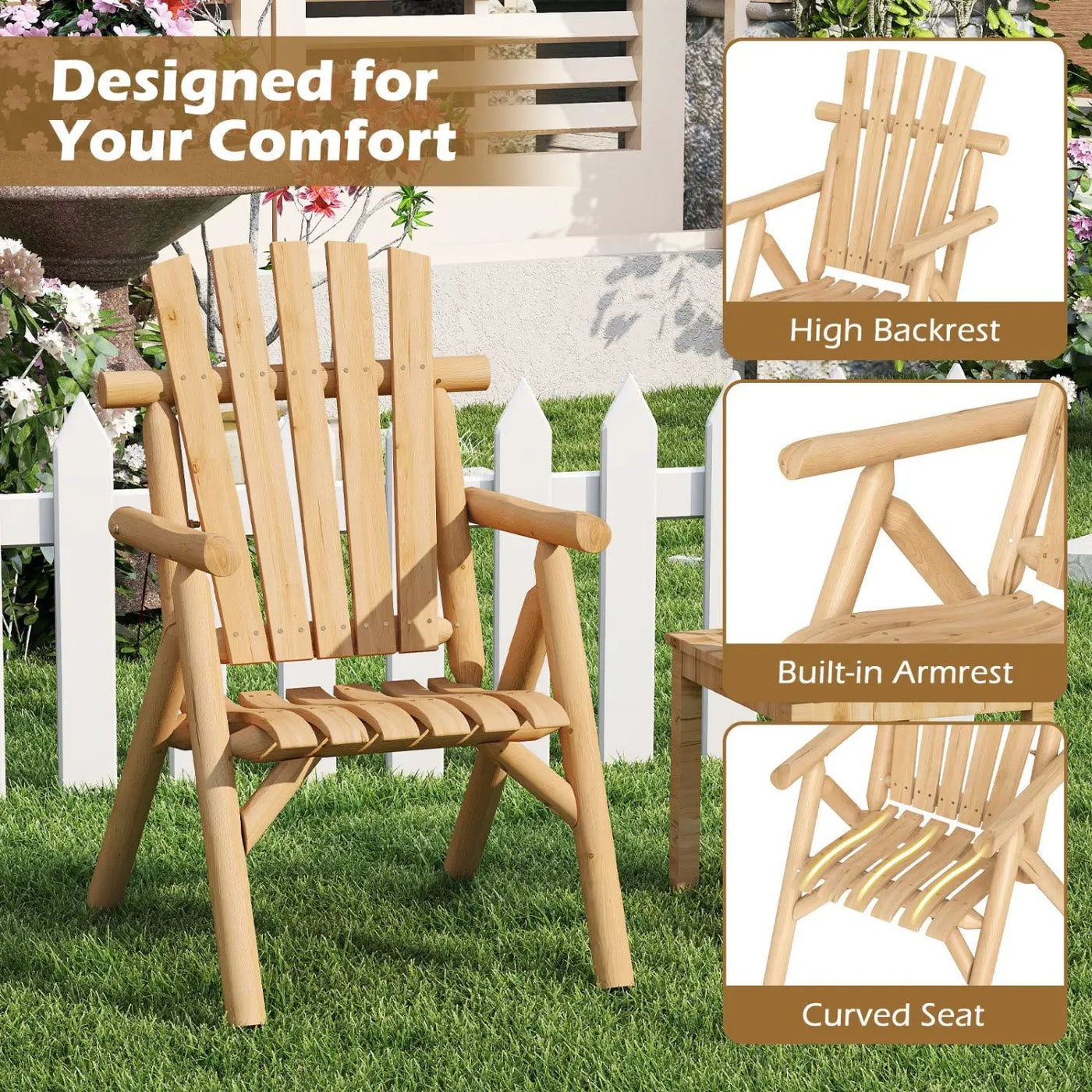 Solid Wood Patio Chair with Curved Seat and Slatted Backrest by DirectDeals
