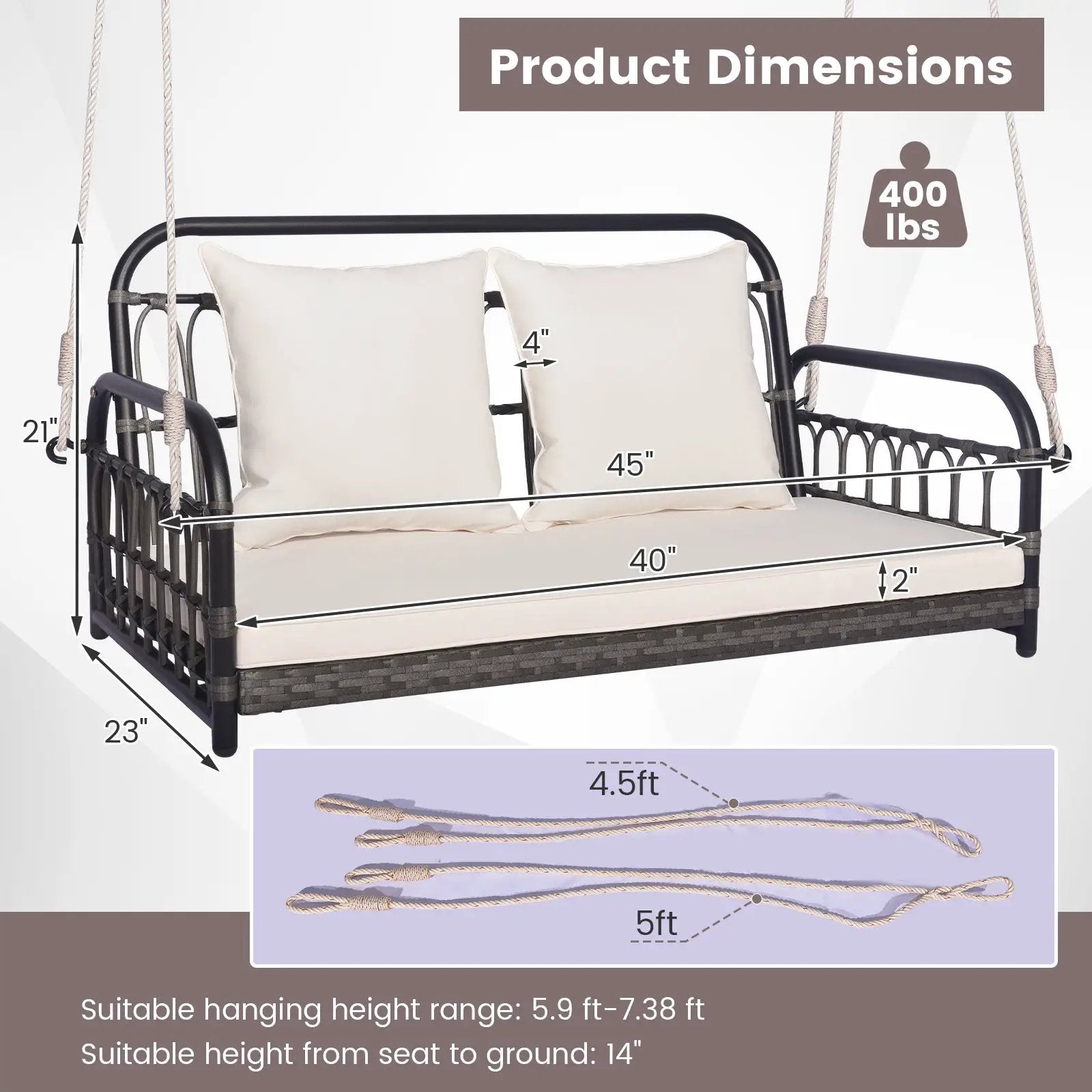 2-Person Outdoor Hanging Chair with Ropes-Gray by DirectDeals
