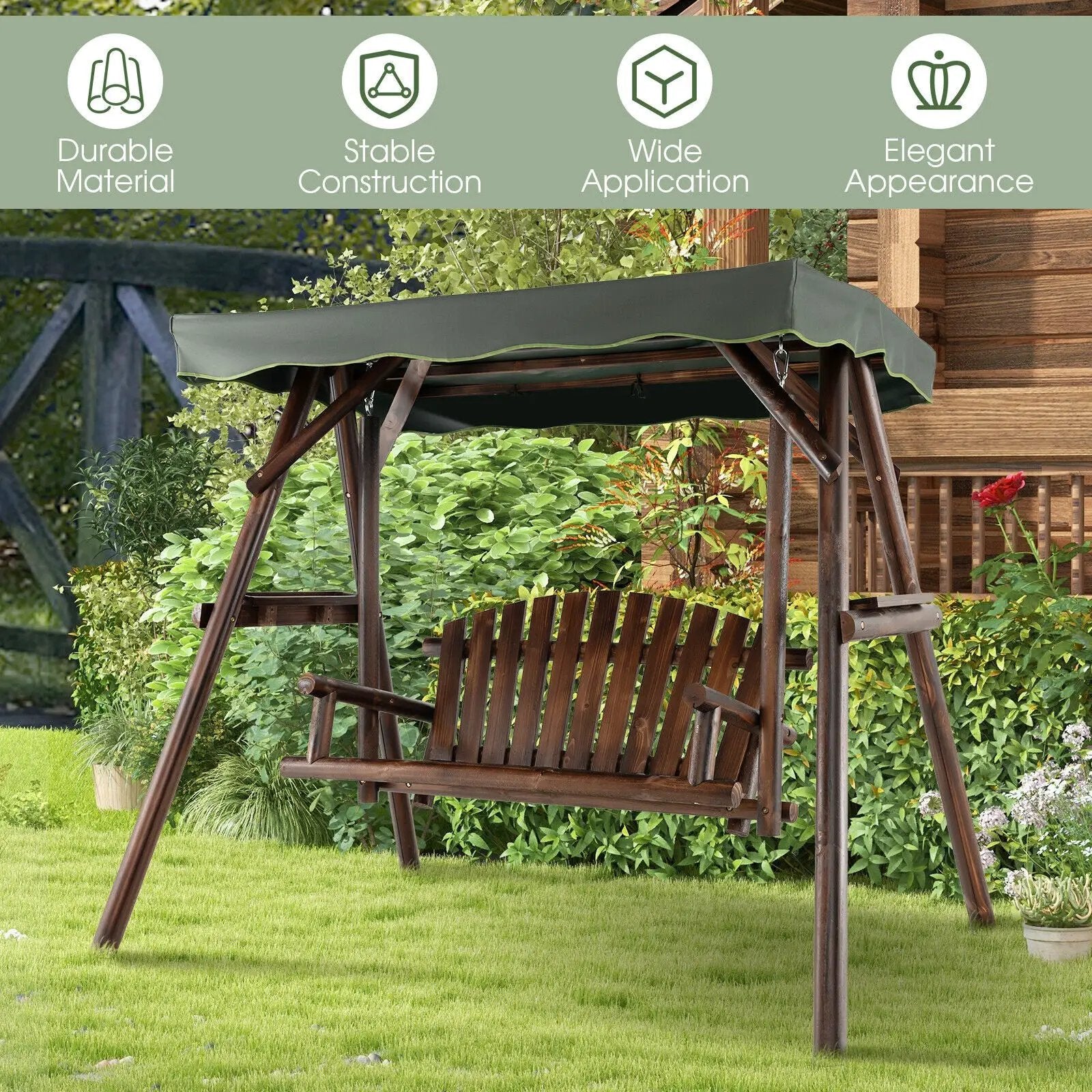 2-Person Outdoor Wooden Porch Swing with an Adjustable Canopy by DirectDeals