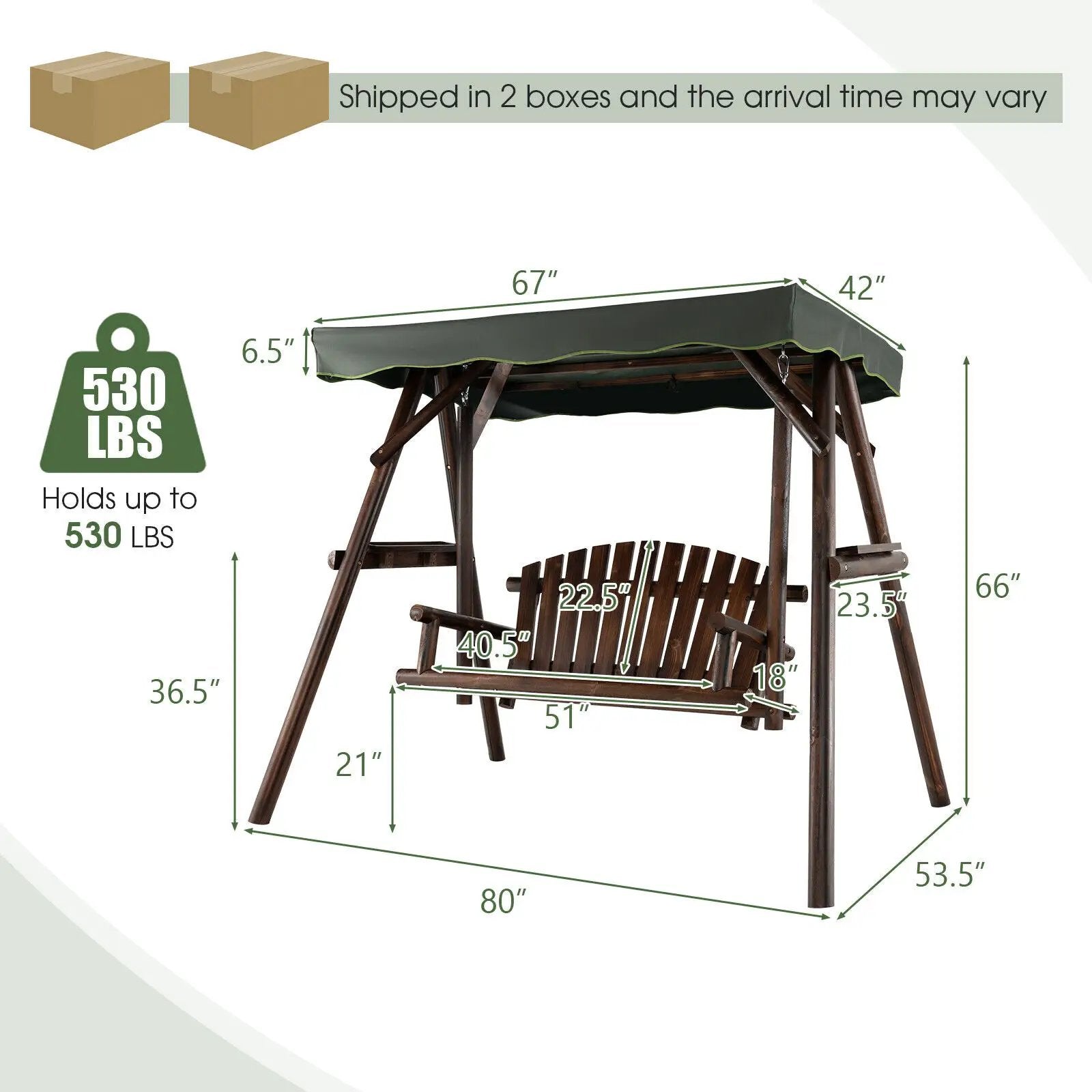 2-Person Outdoor Wooden Porch Swing with an Adjustable Canopy by DirectDeals