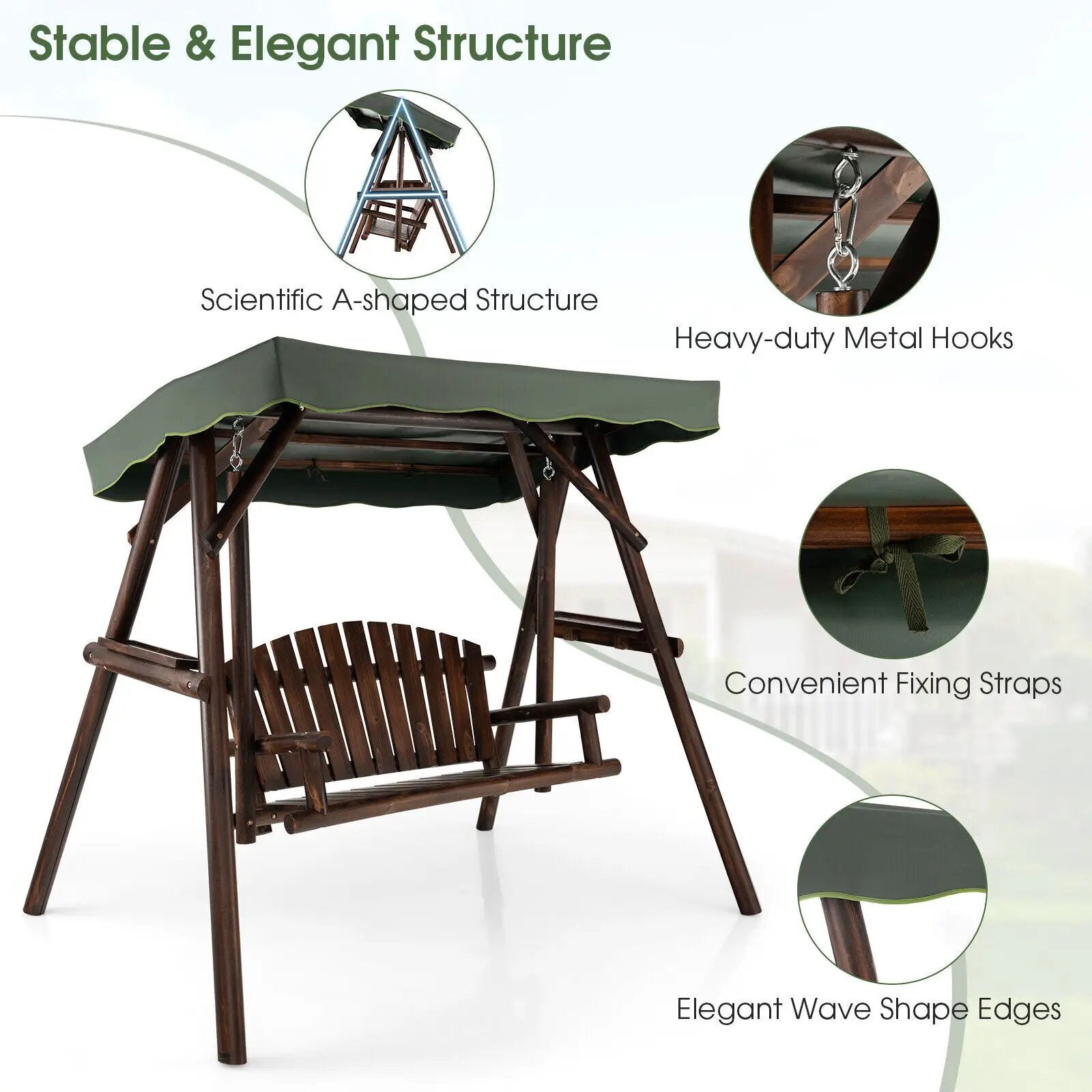2-Person Outdoor Wooden Porch Swing with an Adjustable Canopy by DirectDeals